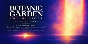 Poster for Botanic Garden: The Musical—Listening Event, with large white title on a blue/purple gradient and subtitle text on the left; decorative light beams on the bottom.