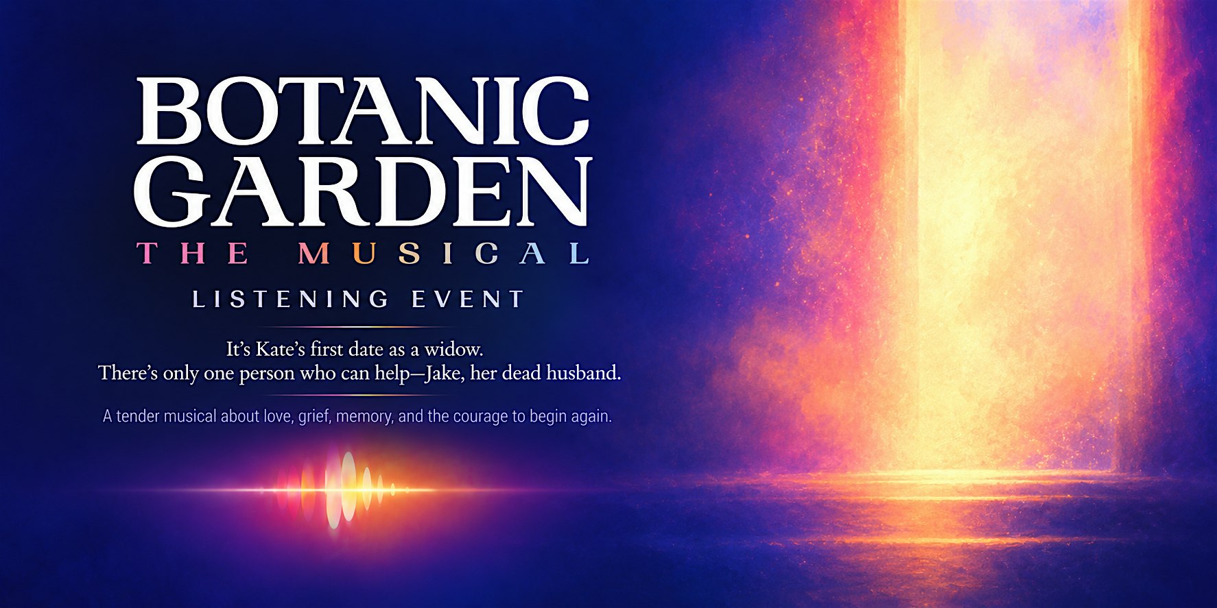 Poster for Botanic Garden: The Musical—Listening Event, with large white title on a blue/purple gradient and subtitle text on the left; decorative light beams on the bottom.