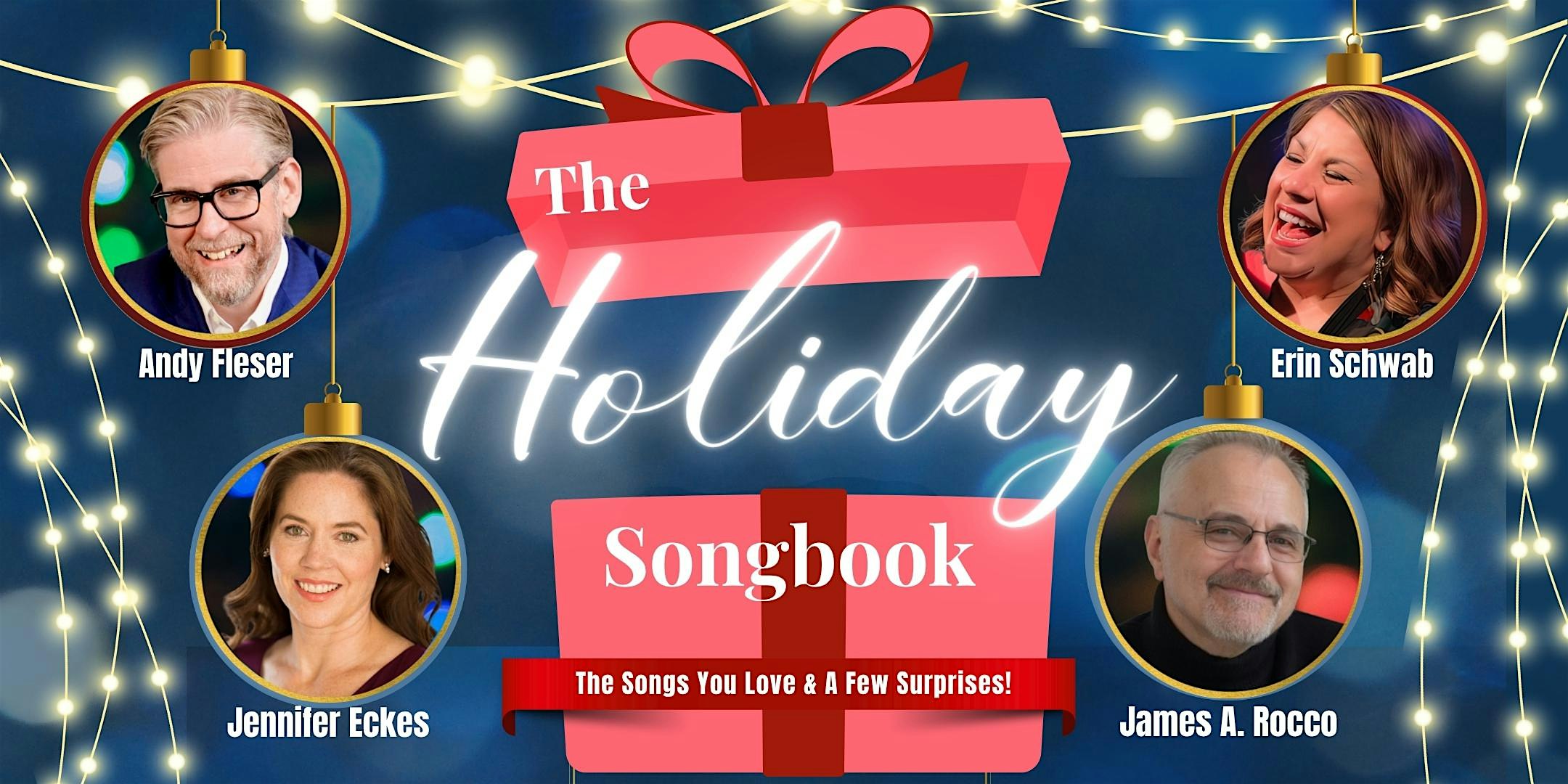 Promotional poster for a Holiday Songbook event with four performer portraits around a pink gift box and festive lights.