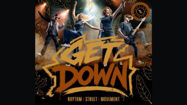Poster for a live music event showing four performers mid-air, with bold orange graffiti text and leaves in the background; reads 'Rhythm Street Movement' at the bottom.
