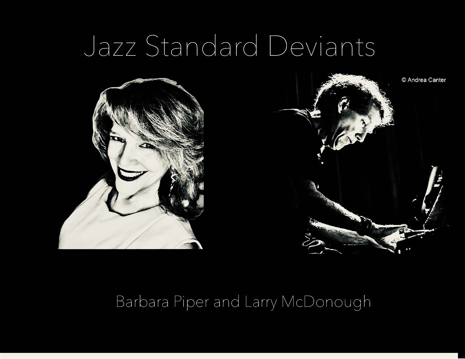 Poster-style image featuring the Jazz Standard Deviants logo with a smiling woman on the left and a man playing piano on the right, both in high-contrast black-and-white.
