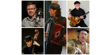 Collage of six musicians each with an instrument: guitars, accordion, and bass.