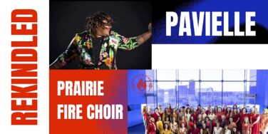 Promotional collage for Prairie Fire Choir: performer in a colorful floral jacket, bold typography, and a large choir group photo.